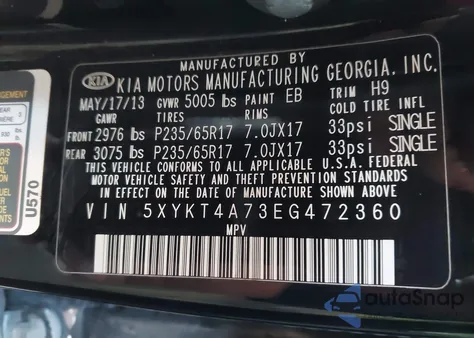 2014 Kia Sorento Lx V6 z USA, uszkodzony, nr VIN 5XYKT4A73EG472360